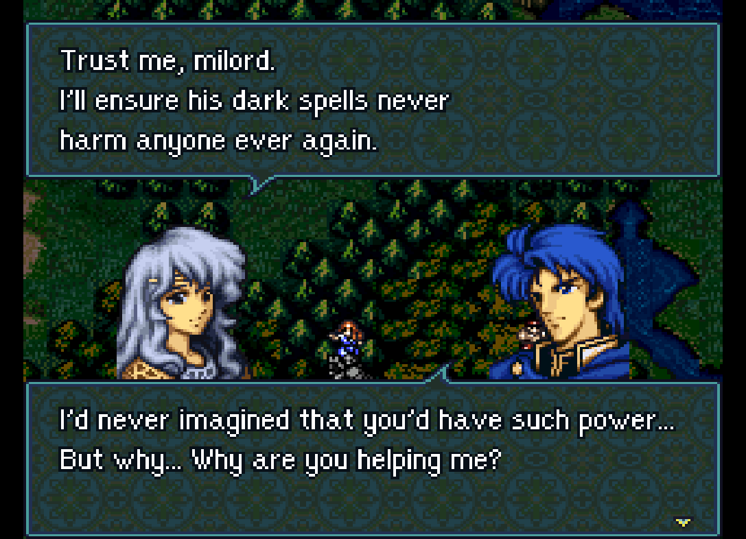 Deirdre and Sigurd converse in the woods about her magical prowess.