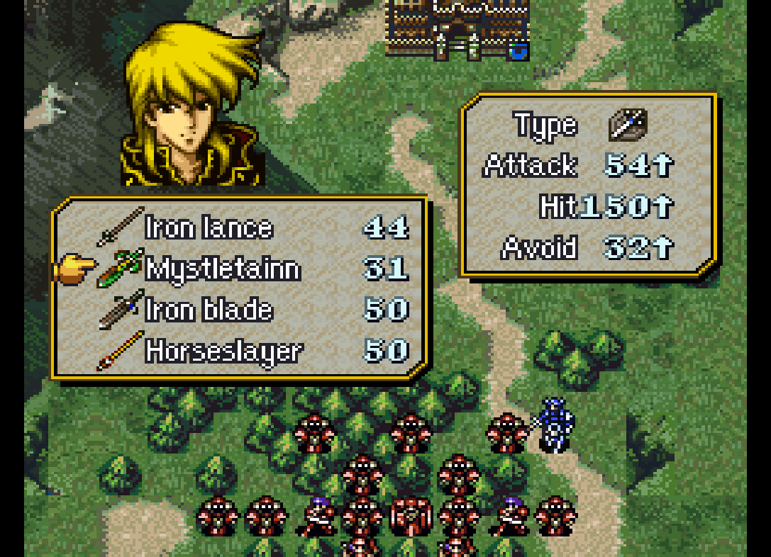 Facing a huge squadron of dark mages in the open field, Ares contemplates drawing the demon sword, Mystletainn.