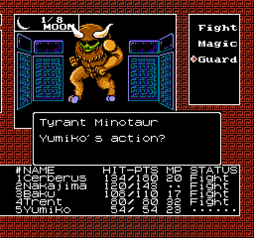 Screenshot from Megami Tensei for Famicom. The party battles with a hulking brown Minotaur under a crescent moon.